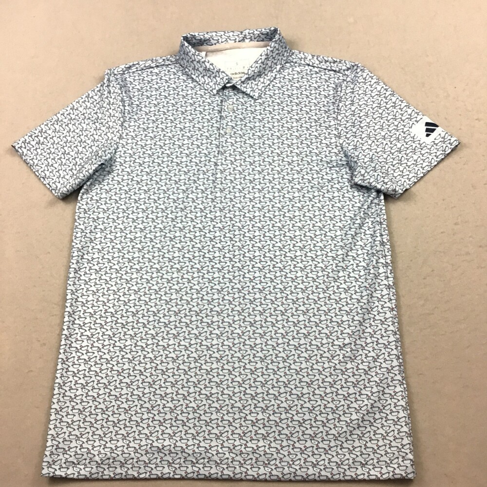 Adidas Polo Men Small Light Blue Novelty Flag Pole Pot Print Short Sleeve Golf S